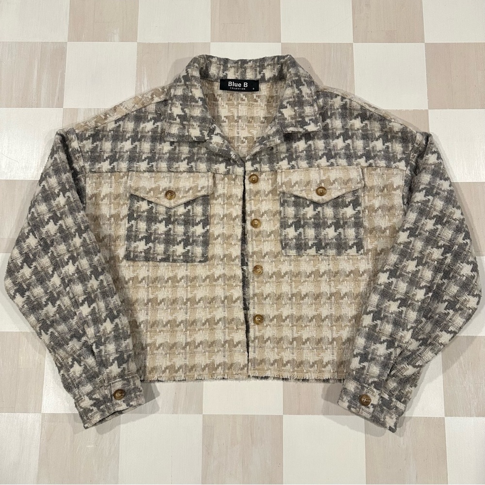 blue b collection houndstooth button up cropped colorblock tan grey shacket